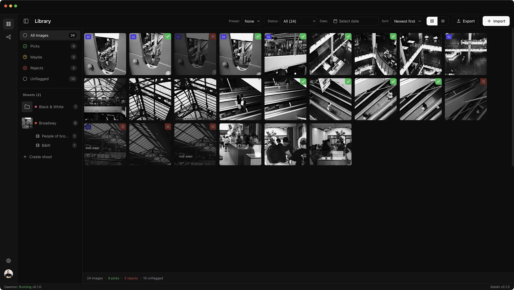 Selekt culling a shoot: keyboard-driven grid with pick, maybe, and reject flags
